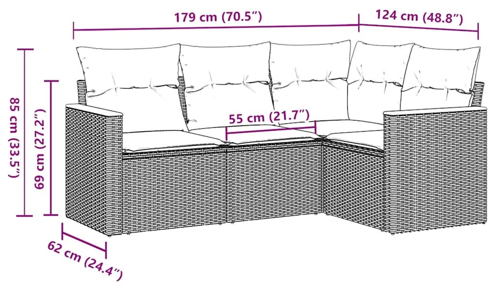 4 pcs conjunto de sofás para jardim c/ almofadões vime PE preto