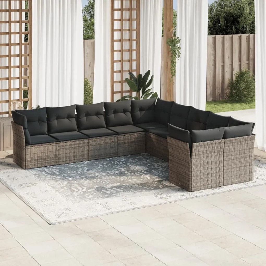 vidaXL 10 pcs conjunto sofás de jardim c/ almofadões vime PE cinzento