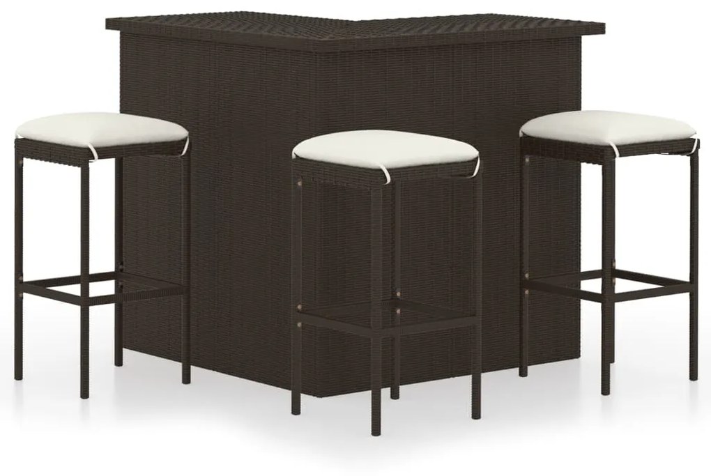 vidaXL 4 pcs conjunto de bar p/ jardim com almofadões vime PE castanho