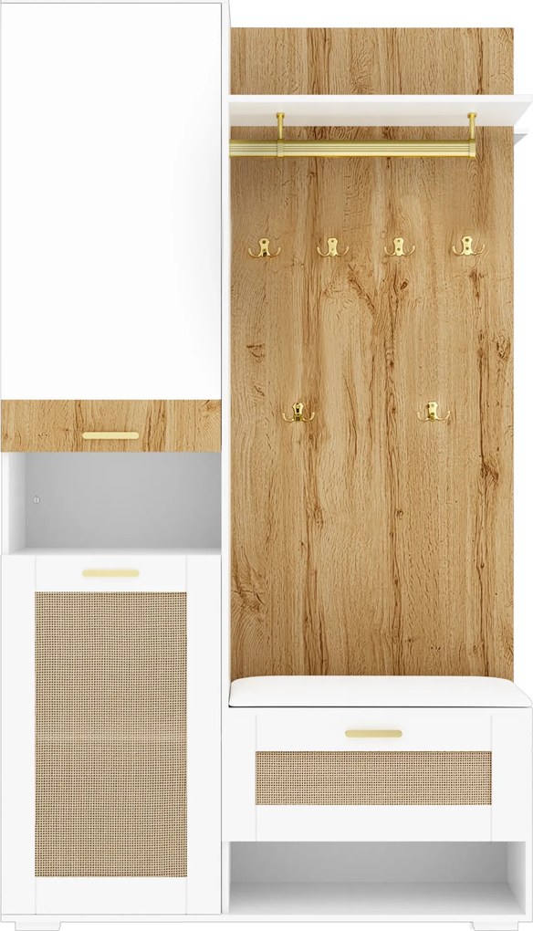 Conjunto para hall de entrada com espelho e banco, iluminação LED, cabideiro de parede e 6 ganchos dourados, 110x38x190 cm, Branco+Cor natural