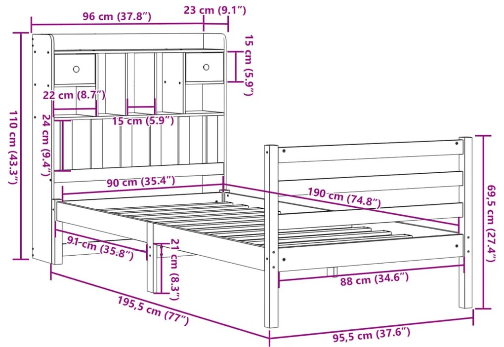 Cama com estante sem colchão 90x190cm pinho maciço castanho-mel