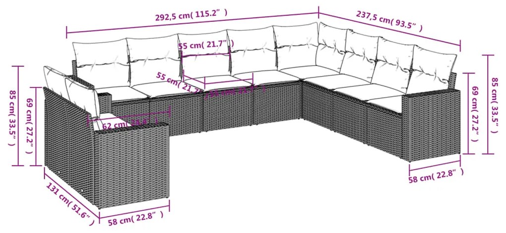 10 pcs conjunto sofás de jardim c/ almofadões vime PE cinzento