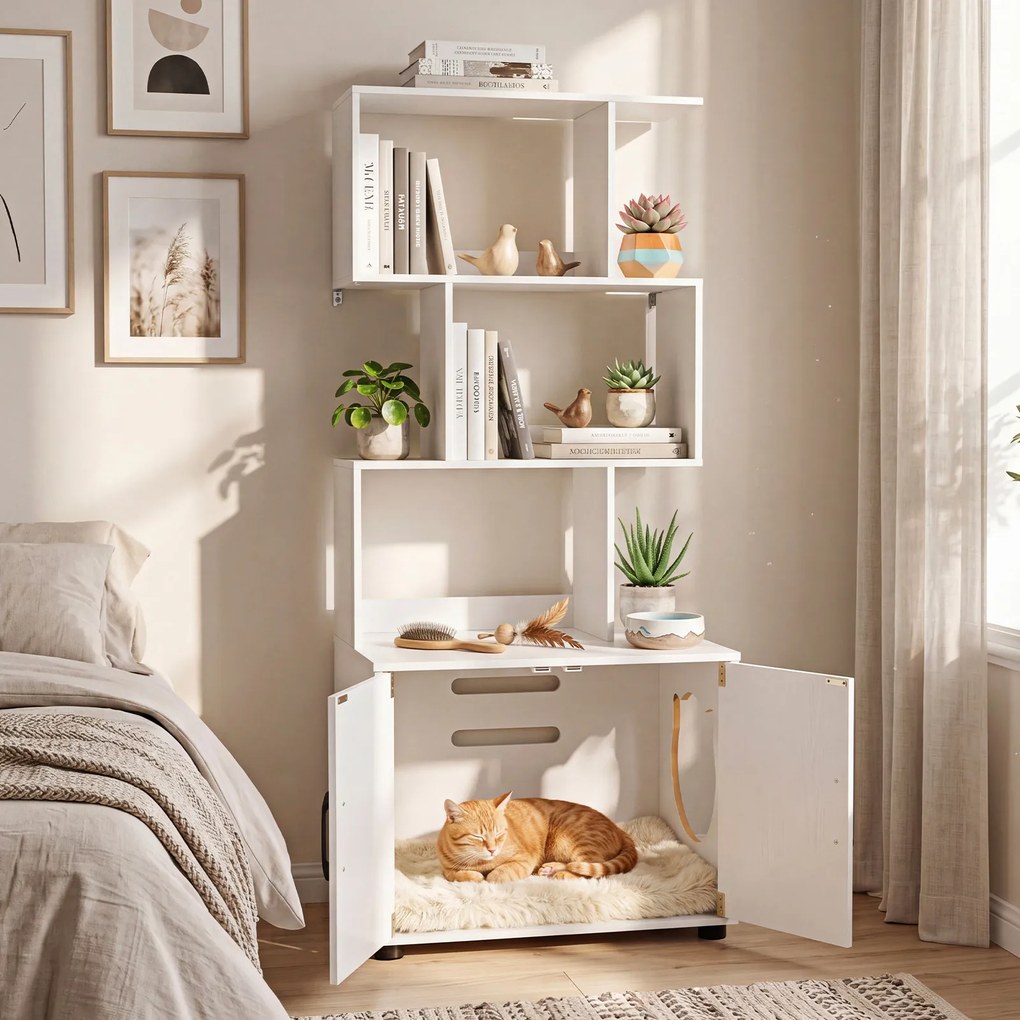 Móvel para Gatos com Armário para Caixa de Areia (NÃO INCLUIDA), 60 x 45 x 141 cm, Estante em Forma de S, Branco