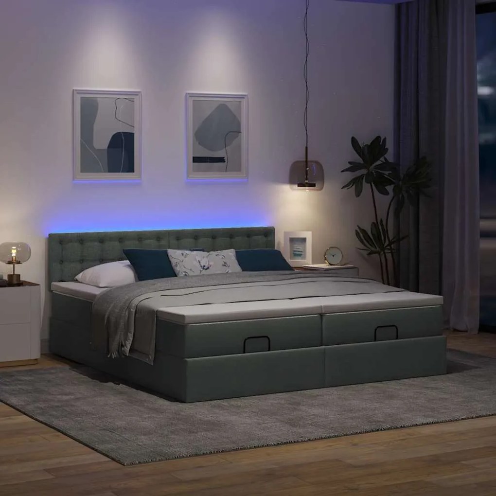 Estrutura de cama otomana com colchões tecido cinzento escuro