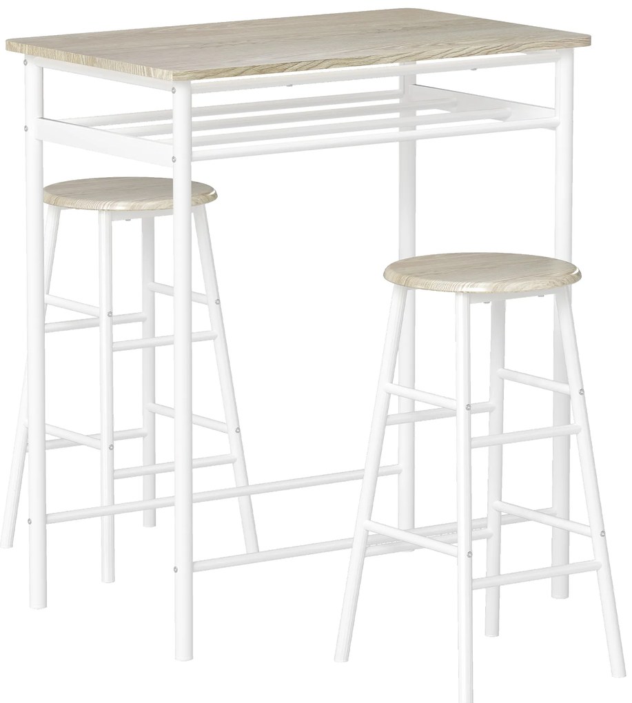 HOMCOM Conjunto de Móvel Bar com Mesa Alta e 2 Bancos com Prateleira de Armazenamento e Estrutura de Metal 80x50x90cm Branco e Madeira