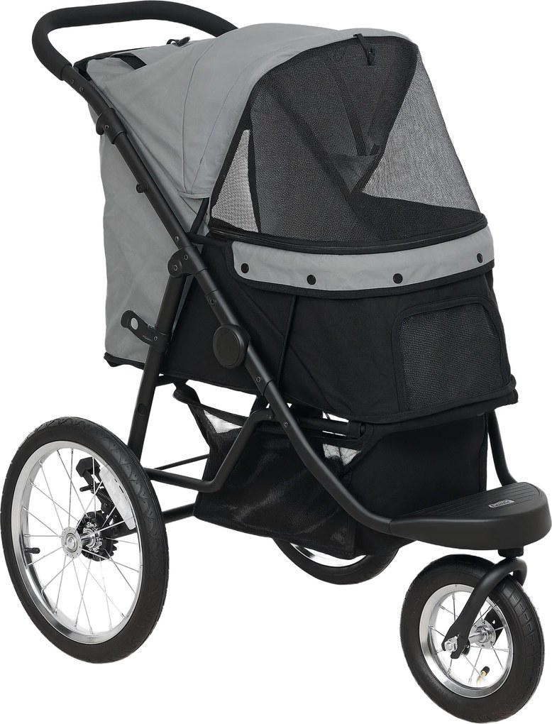 PawHut Carrinho Jogger para Cães até 10 kg, Dobrável, com 3 Rodas Grandes de Borracha, Almofada, Janelas em Rede, Cesto e Trela de Segurança, Cinzento | Aosom Portugal