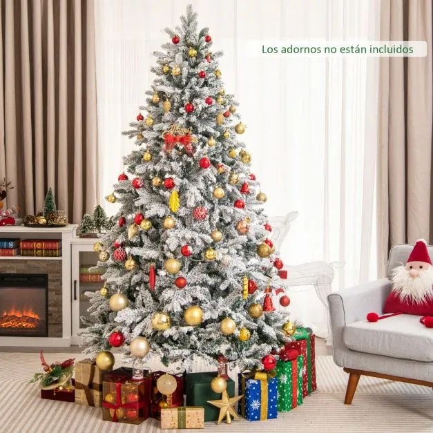 Árvore de Natal com neve de 210 cm com 1687 ramos, 300 luzes LED quentes e design com dobradiças verde