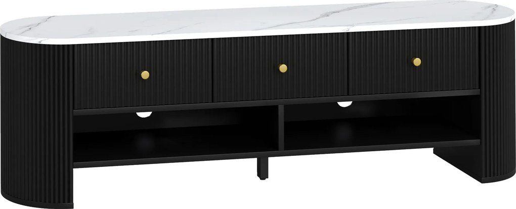 HOMCOM Móvel TV 140 cm, móvel para TV 165 cm efeito mármore com 3 gavetas frentes caneladas 2 prateleiras preto | Aosom Portugal