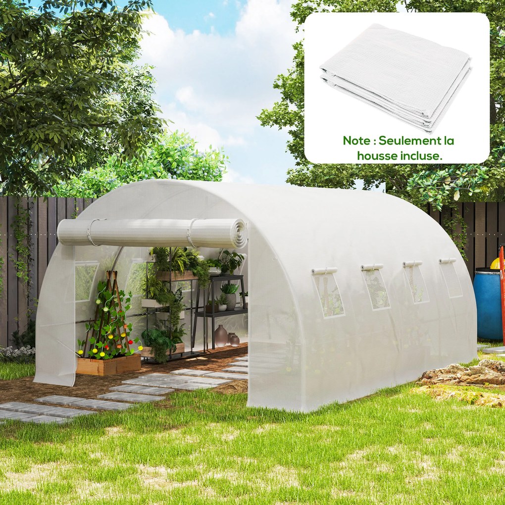 Lona de substituição para estufa em túnel de 12 m² (4 x 3 x 2 m) (ESTRUTURA NÃO INCLUIDA), PE anti-UV e impermeável, com 8 janelas + porta enrolável c
