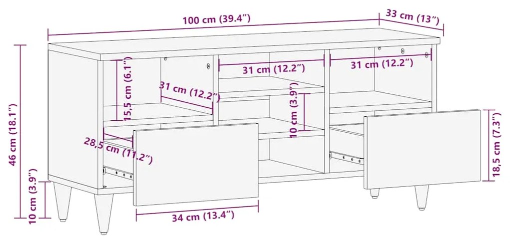 Móvel de TV 100x33x46 cm madeira de mangueira maciça preto