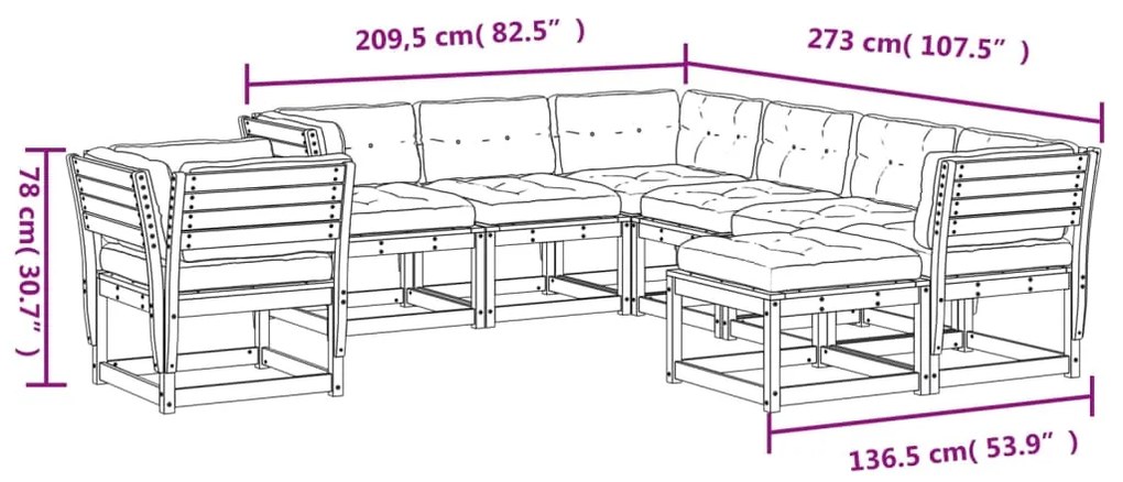 8 pcs conj. lounge jardim c/ almofadões madeira douglas maciça