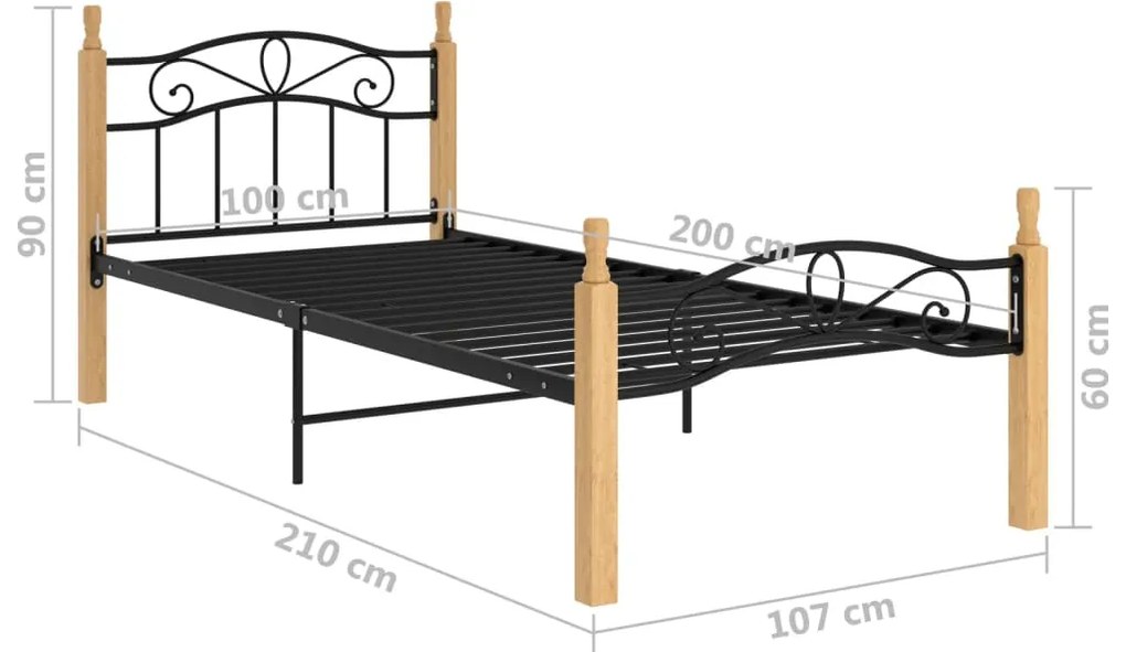 Estrutura de cama 100x200cm metal/madeira carvalho maciça preto