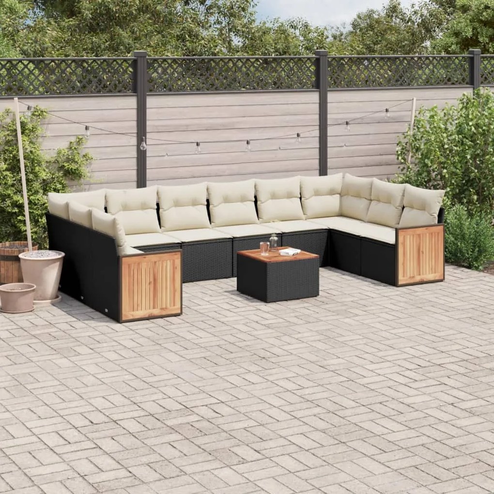 11 pcs conjunto sofás de jardim c/ almofadões vime PE preto