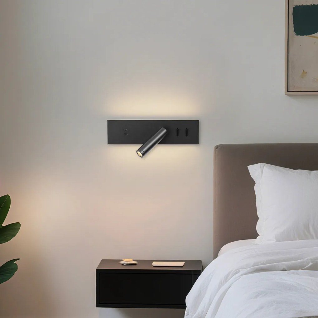 Candeeiro de Parede Moderno Preto Ajustável com USB-C incl. LED - Modric