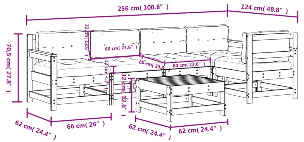 6 pcs conjunto lounge de jardim c/ almofadões pinho impregnado