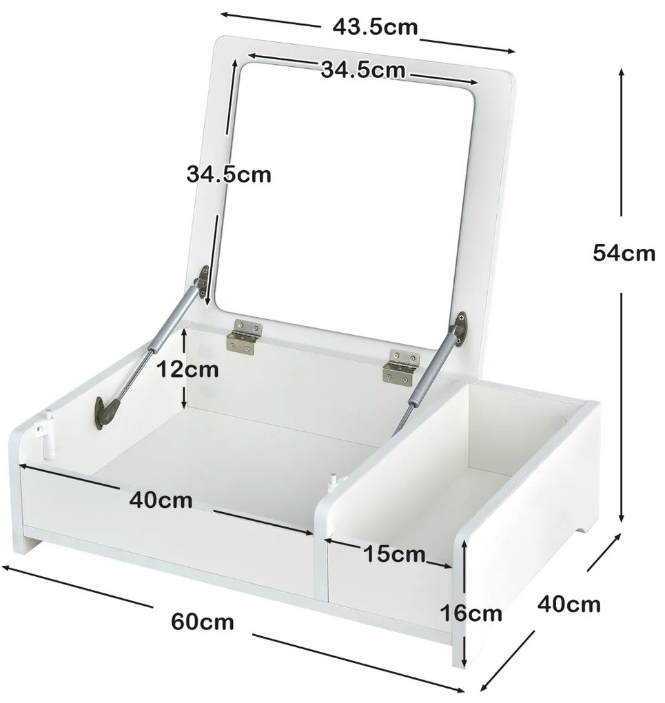 Pequena Caixa de maquilhagem de mesa compacta com espelho flip-open para quarto de dormir Grande Armazenamento 60 x 40 x 16 cm Branco