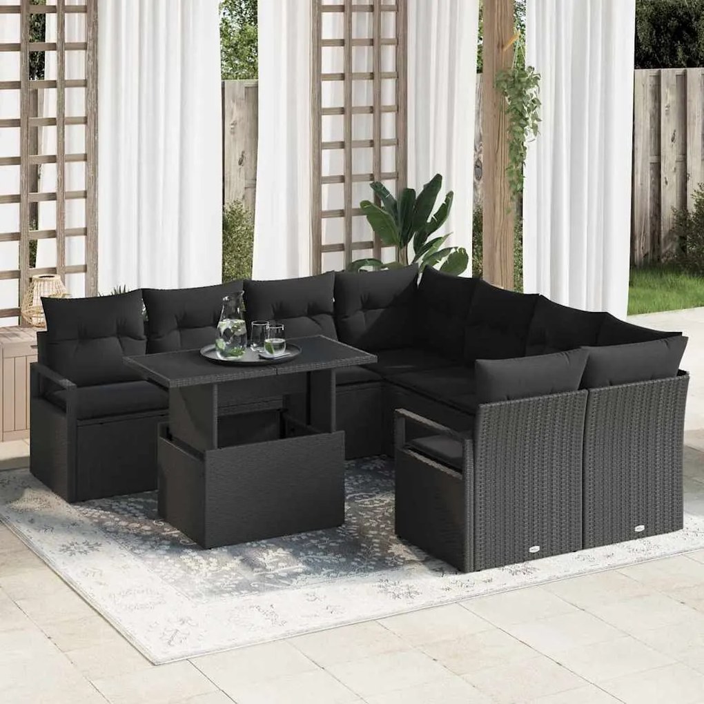 vidaXL Conjunto de Sofá de Jardim com almofada 9 pcs Preto vime PE