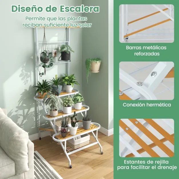 Estante para plantas de 4 níveis com estrutura metálica com rodas, escada e barra 80 x 85 x 175 cm para sala de estar, varanda e pátio Branco