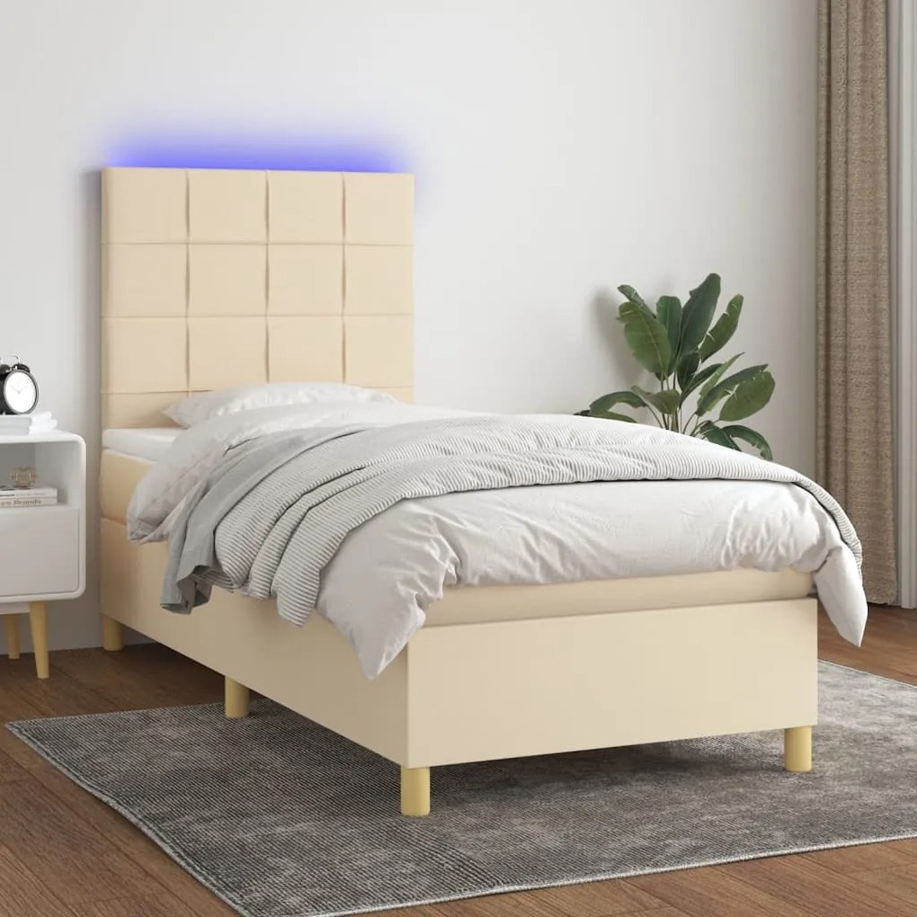 Cama box spring c/ colchão e LED 90x190 cm tecido cor creme