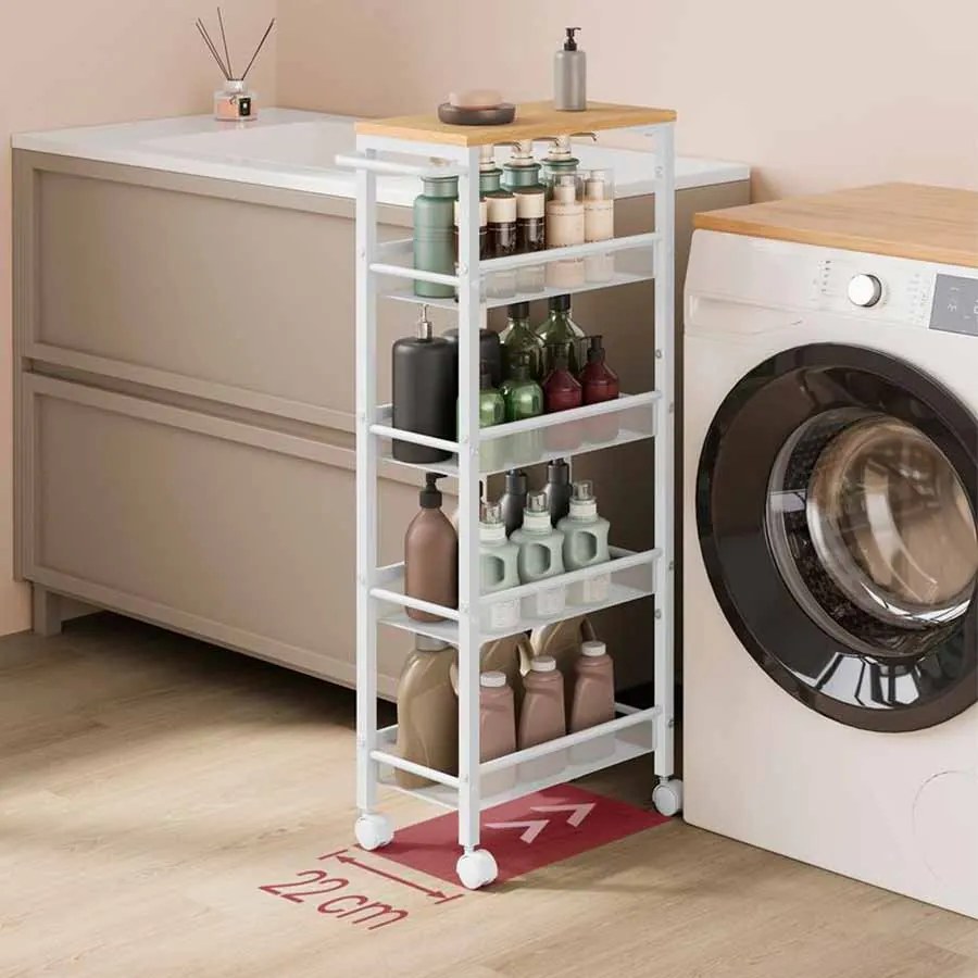 Carrinho de cozinha ou casa de banho 5 níveis estreito 22 x 45,4 x 99,6 carvalho e branco
