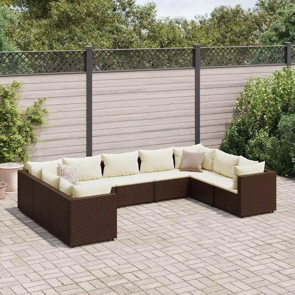 vidaXL 9 pcs conjunto lounge de jardim c/ almofadões vime PE castanho