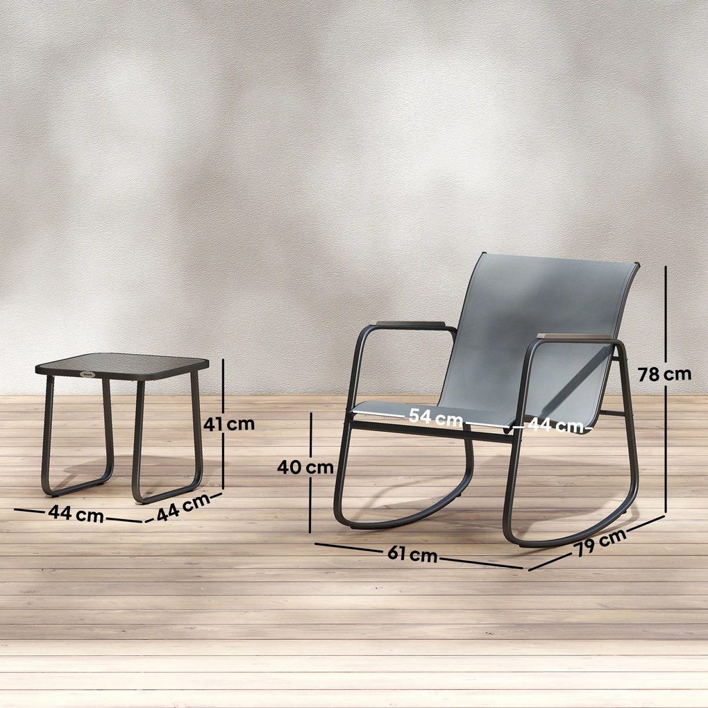Conjunto de Jardim de 3 Peças com 2 Cadeiras de Balanço e Mesa com Tampo de Vidro e Estrutura de Aço para Pátio, Cinza