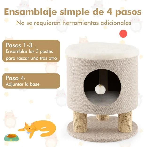 Casa para gatos pufe com arranhador de caverna e bola de peluche 40 x 40 x 47 cm Bege