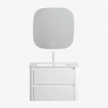 Conjunto De Móvel De Casa De Banho Suspenso Em Madeira Com Lavatório Integrado Egerton Branco & Quadrado Led E Anti-embaciamento 75x75 Cm - Sklum