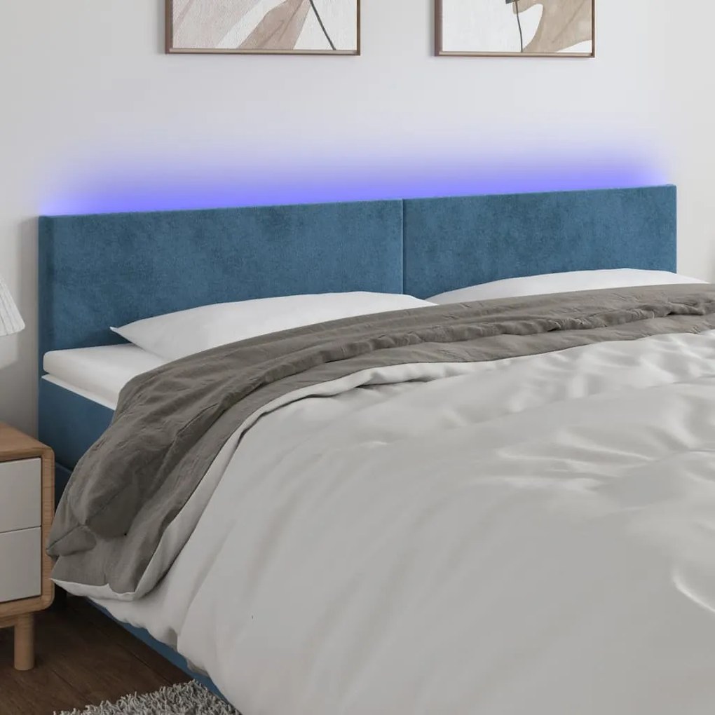 Cabeceira de cama c/ luzes LED veludo 160x5x78/88cm azul-escuro