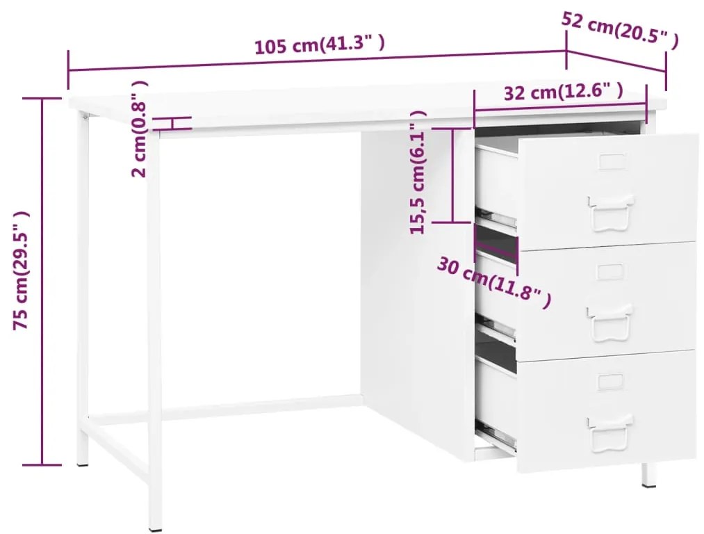 Secretária industrial c/ gavetas 105x52x75 cm aço branco
