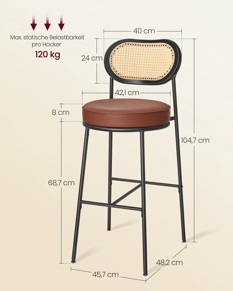 Conjunto 2 Bancos de bar alto para pequeno-almoço de cozinha com encosto curvo 48,2 x 45,7 x 104,7 castanho caramelo