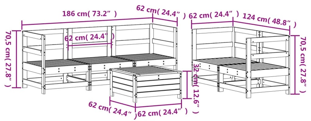 6 pcs conjunto de sofás de jardim madeira de pinho impregnada