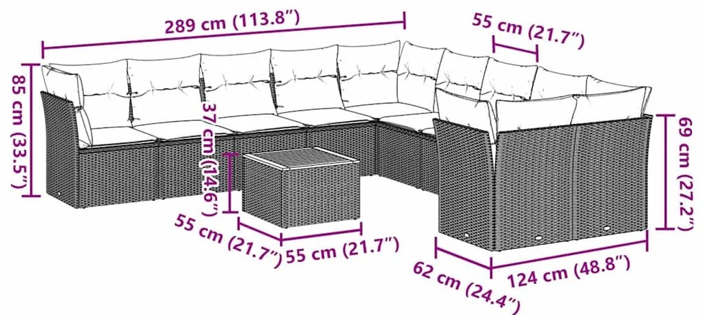 12 pcs conjunto sofás p/ jardim c/ almofadões vime PE cinzento