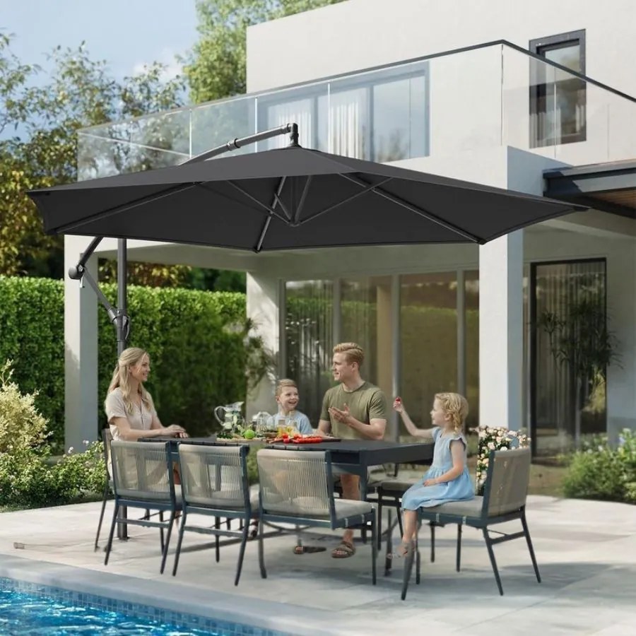 Guarda-sol de 350 cm com manivela para abrir e fechar com base cruzada, cinzento