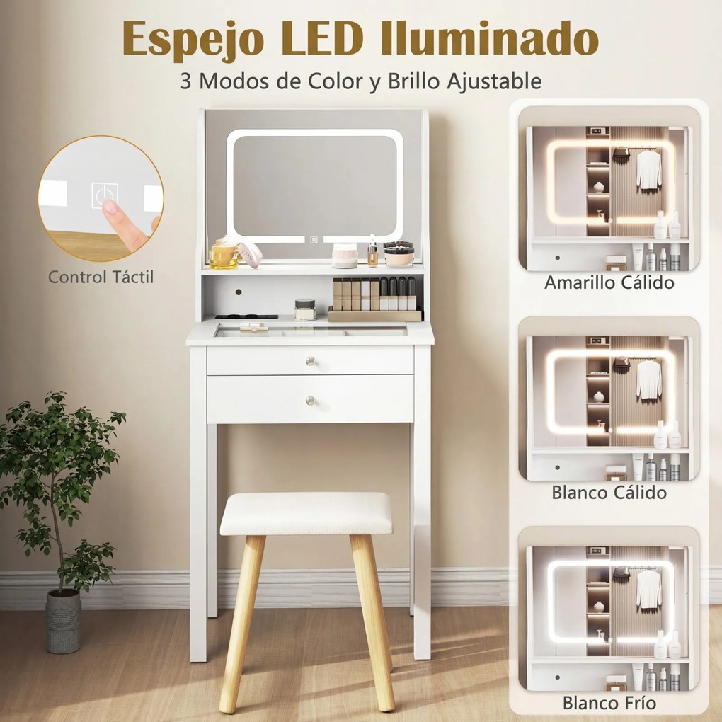 Toucador pequeno com espelho 60 x 40 x 132 cm, luz LED ajustável, tomadas, gavetas, estante aberta, tampo de vidro, para quarto, para espaços reduzido