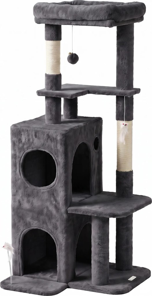 PawHut Árvore Arranhador para Gatos Alta 132 cm com 2 Postes em Sisal, Cama, Casinha de 2 Níveis, Poleiro, Cinza Escuro | Aosom Portugal