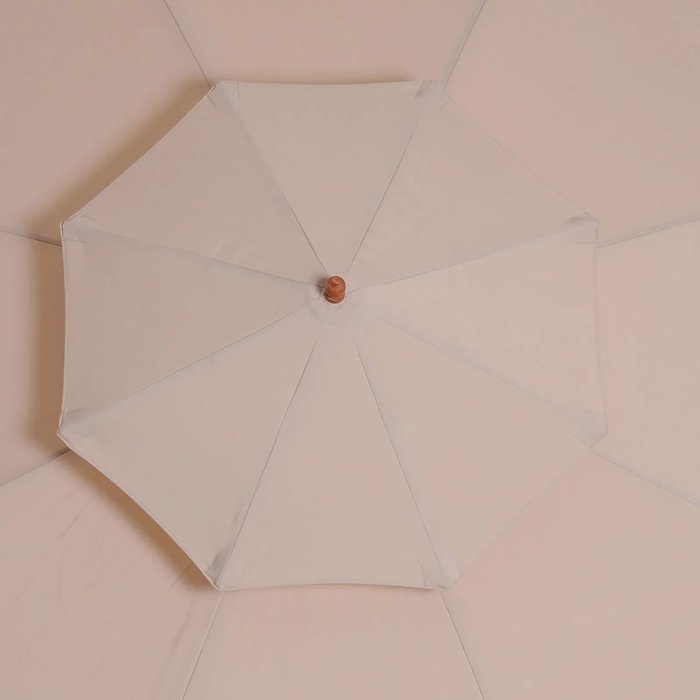 Guarda-sol de madeira, vertical (BASE NÃO INCLUIDA), com 2 telas de poliéster de 180 g/m², diâmetro 2,7 m x 2,6 m de altura, bege