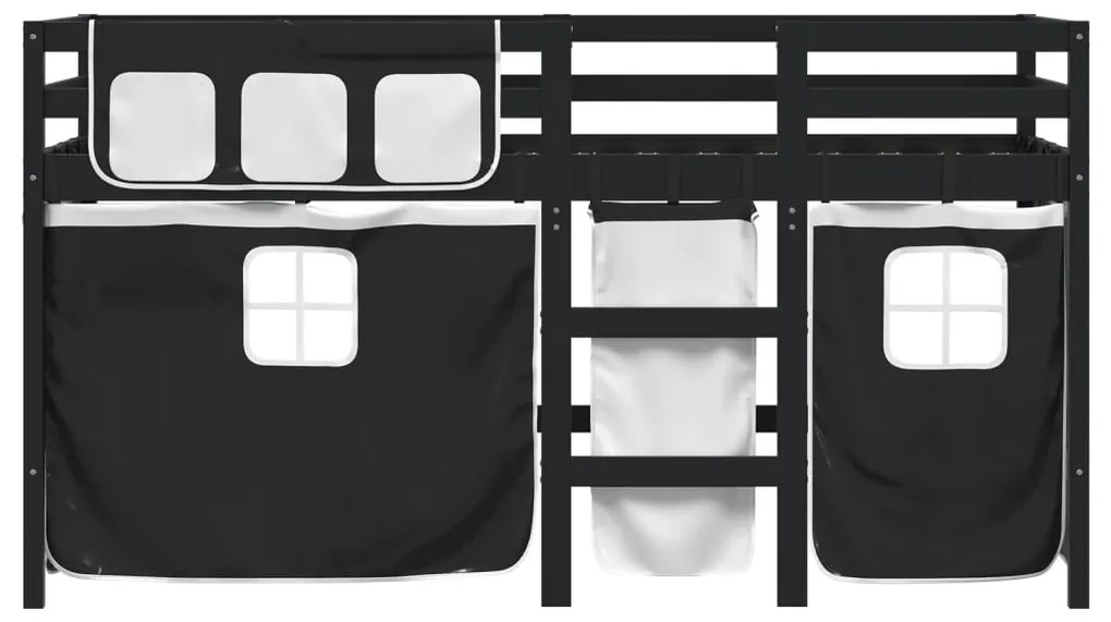Cama alta criança c/ cortina 90x190cm pinho maciço branco/preto