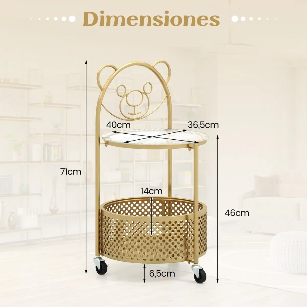 Mesa de centro de vidro móvel Mesa apoio ou cabeçeira de 2 níveis com padrão de urso Cesto de arrumação Estrutura metálica Mesa lateral moderna Dourad