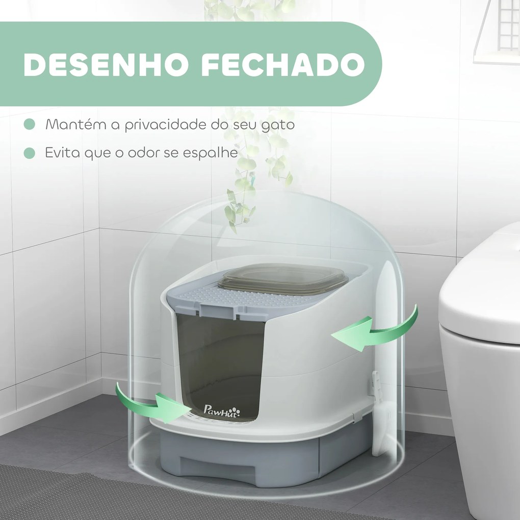 Caixa de Areia para Gatos Fechada com Entrada Frontal Saída Superior Tampa Amovível Bandeja e Pá 40,5x52,5x42,5 cm Branco e Cinza