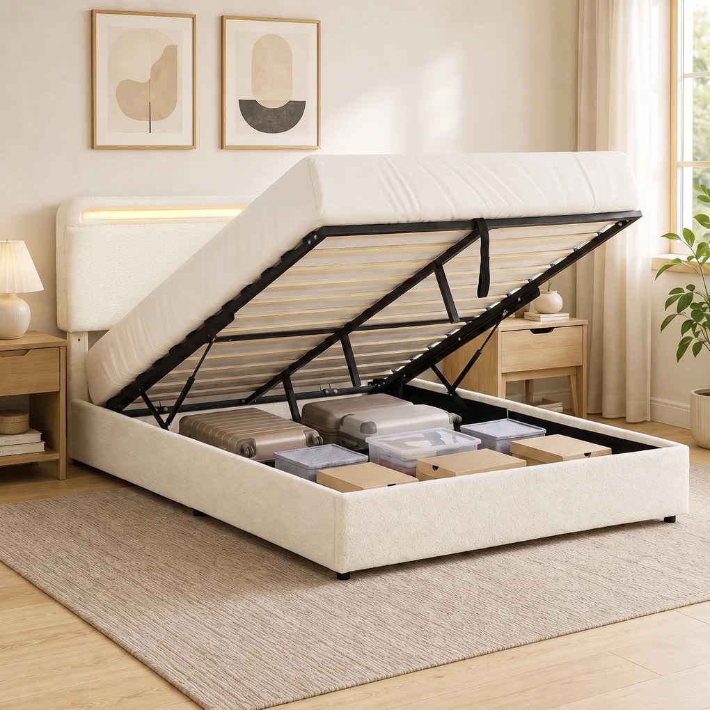 Cama de Casal com Arrumação, 199 x 154 x 108 cm (COLCHÃO NÃO INCLUIDO), Iluminação LED RGB, Creme