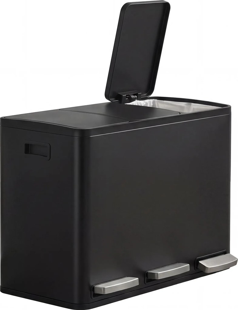 Caixote do lixo com 3 compartimentos, caixote do lixo de 3 x 15 L, 62 x 35,3 x 45,5 cm com pedal e tampa com fecho suave Preto