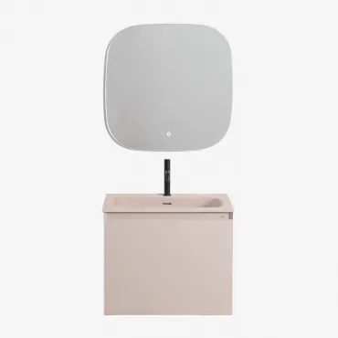 Conjunto De Móvel De Casa De Banho Suspenso Em Madeira Com Lavatório Integrado Macrae Crema Linho & Quadrado Led E Anti-embaciamento 75x75 Cm - Sklum