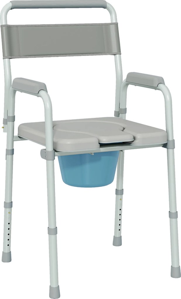 HOMCOM Cadeira com orifício para sanitário dobrável antiderrapante altura regulável, assento e apoios de braço acolchoados, suporta 150 kg, Cinza | Aosom Portugal