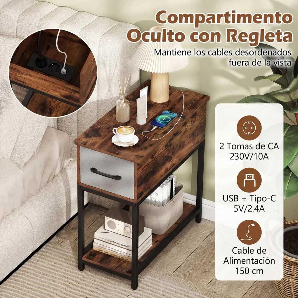 Conjunto de 2 mesas cabeçeira estreitas com estação de carregamento  60 x 29 x 62 cm, luzes, USB, gaveta e estante industrial Castanho rústico e cinze