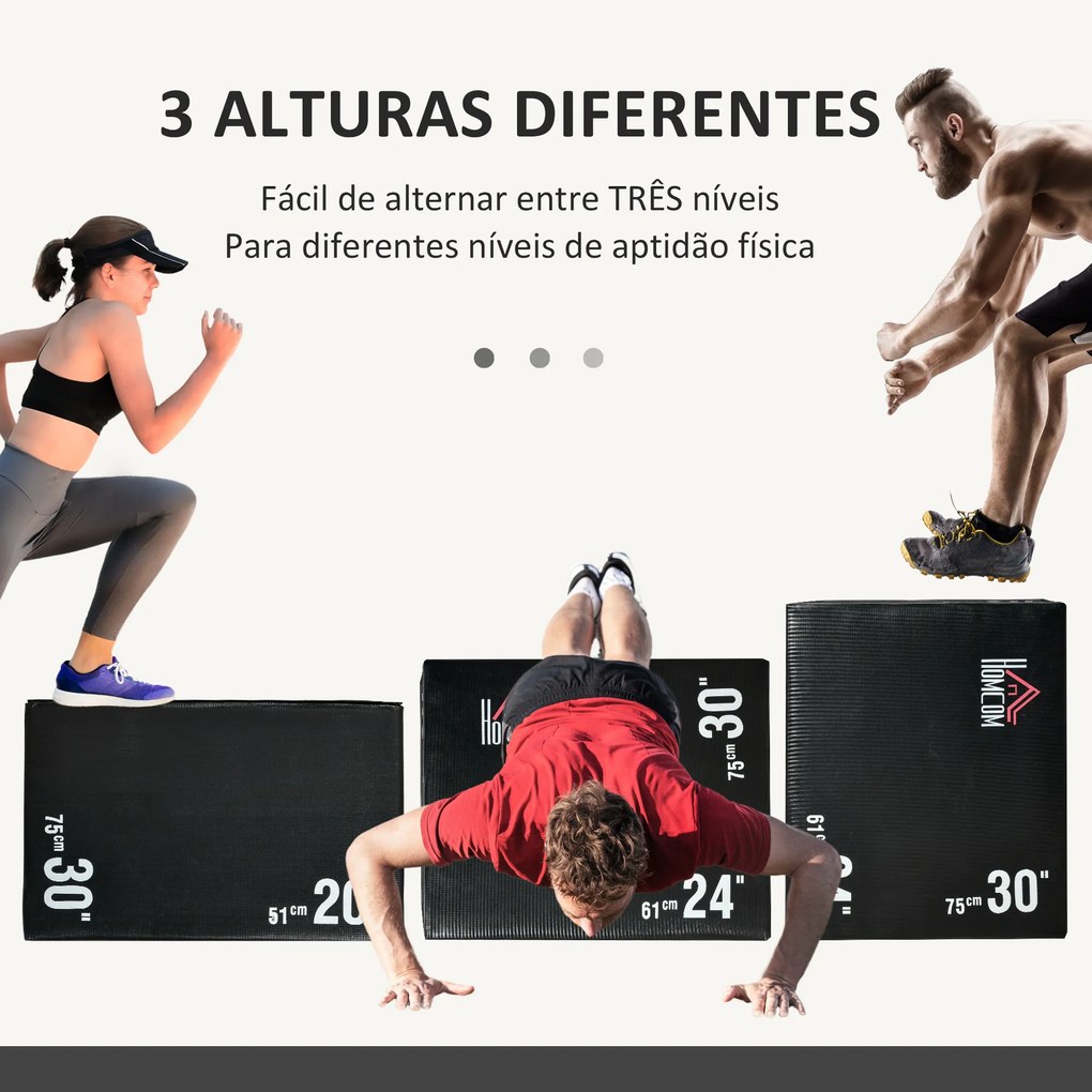 Caixa Pliometria com Fecho de Correr Caixa de Salto com 3 Diferentes Alturas Carga Máxima 120 kg 75x51x61 cm Preto