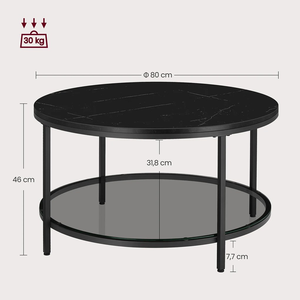 Mesa de centro com tampo de vidro moderna 80 x 46 cm (Ø x H) imitação mármore Preto + Preto