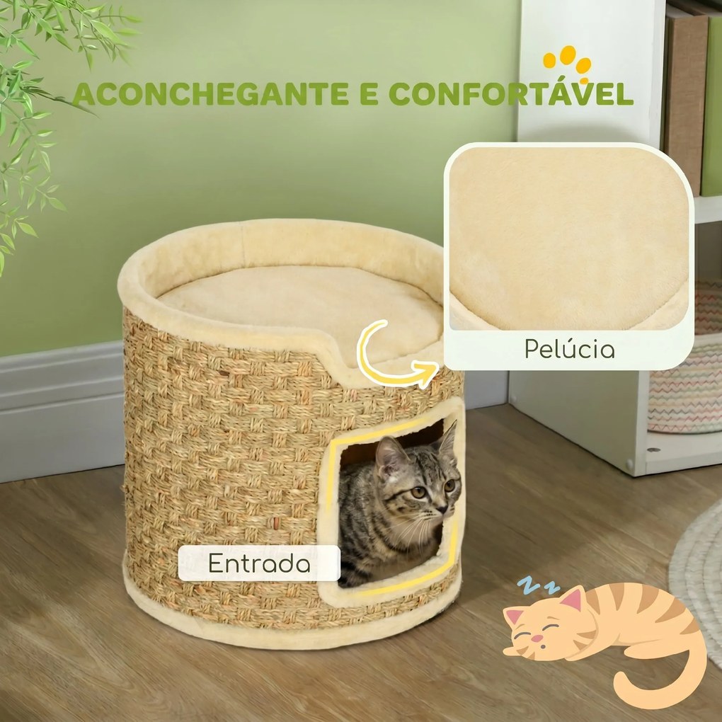 Barril Arranhador para Gatos 37 cm com Toca e Cama Superior em Sisal, Caqui