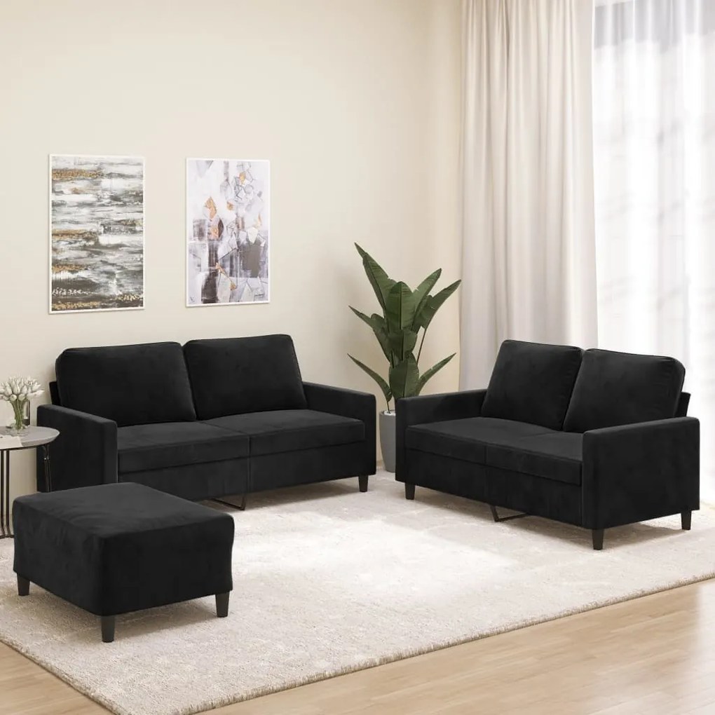vidaXL 3 pcs conjunto de sofás com almofadões veludo preto