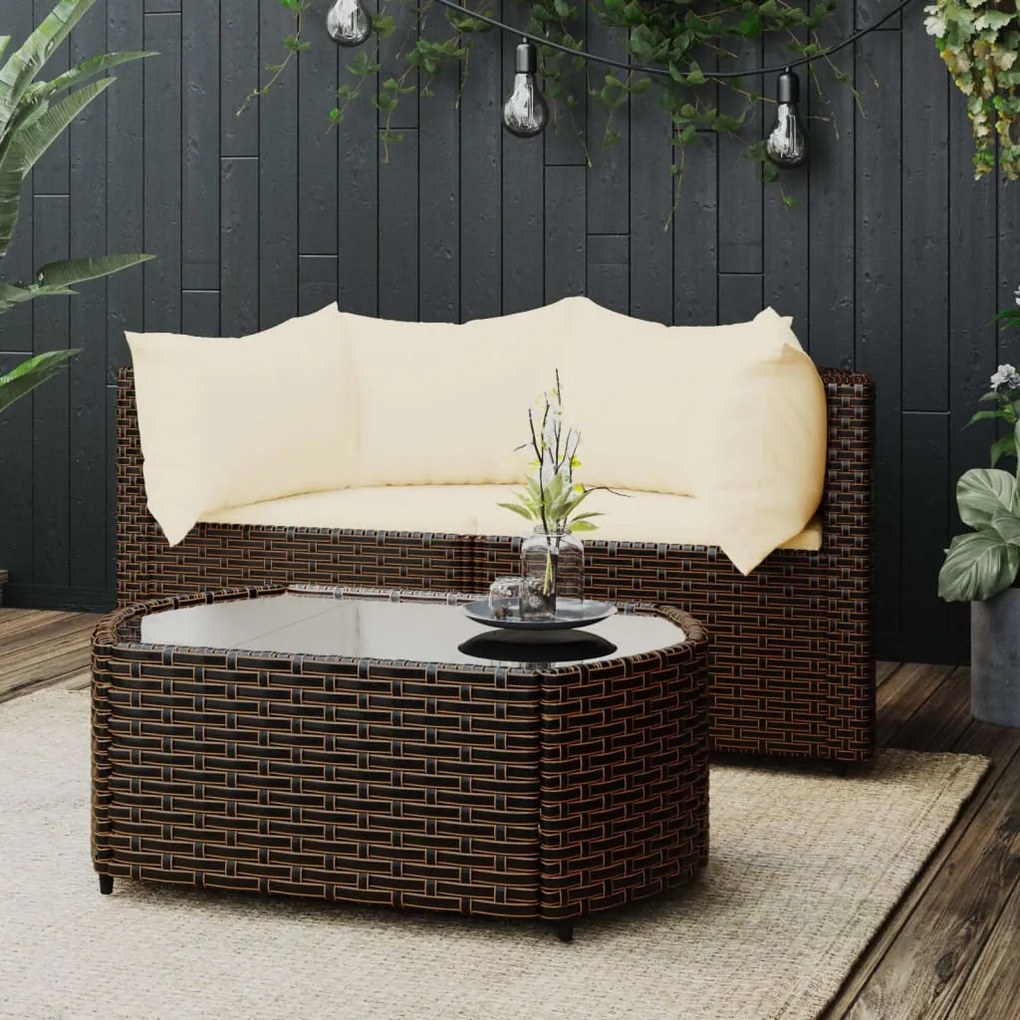 vidaXL 3 pcs conjunto lounge jardim c/ almofadões vime PE castanho